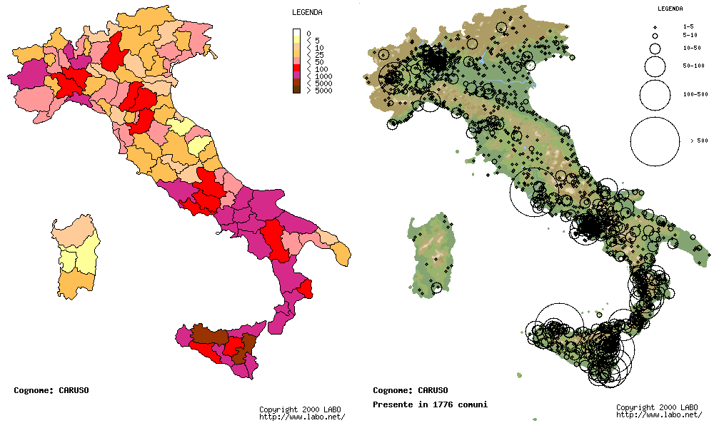 Map of Italian municipalities with the Caruso surname